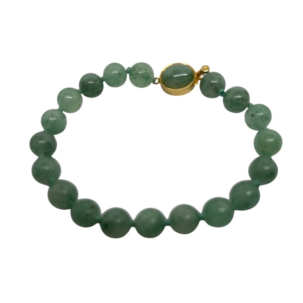 Green Aventurine‎ Beaded Bracelet Knotted Gold Tone Box Clasp 7.25 Inch Vintage